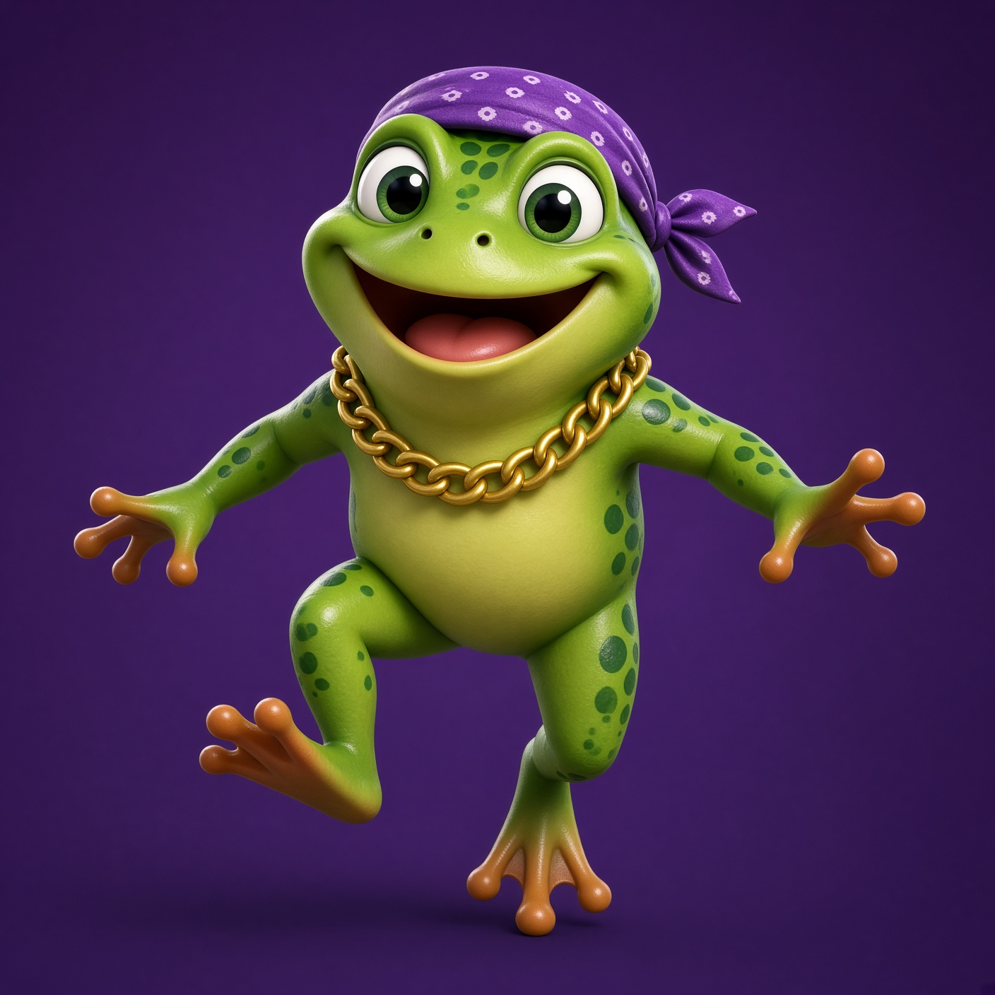 Green frog with a purple bandana and gold chain