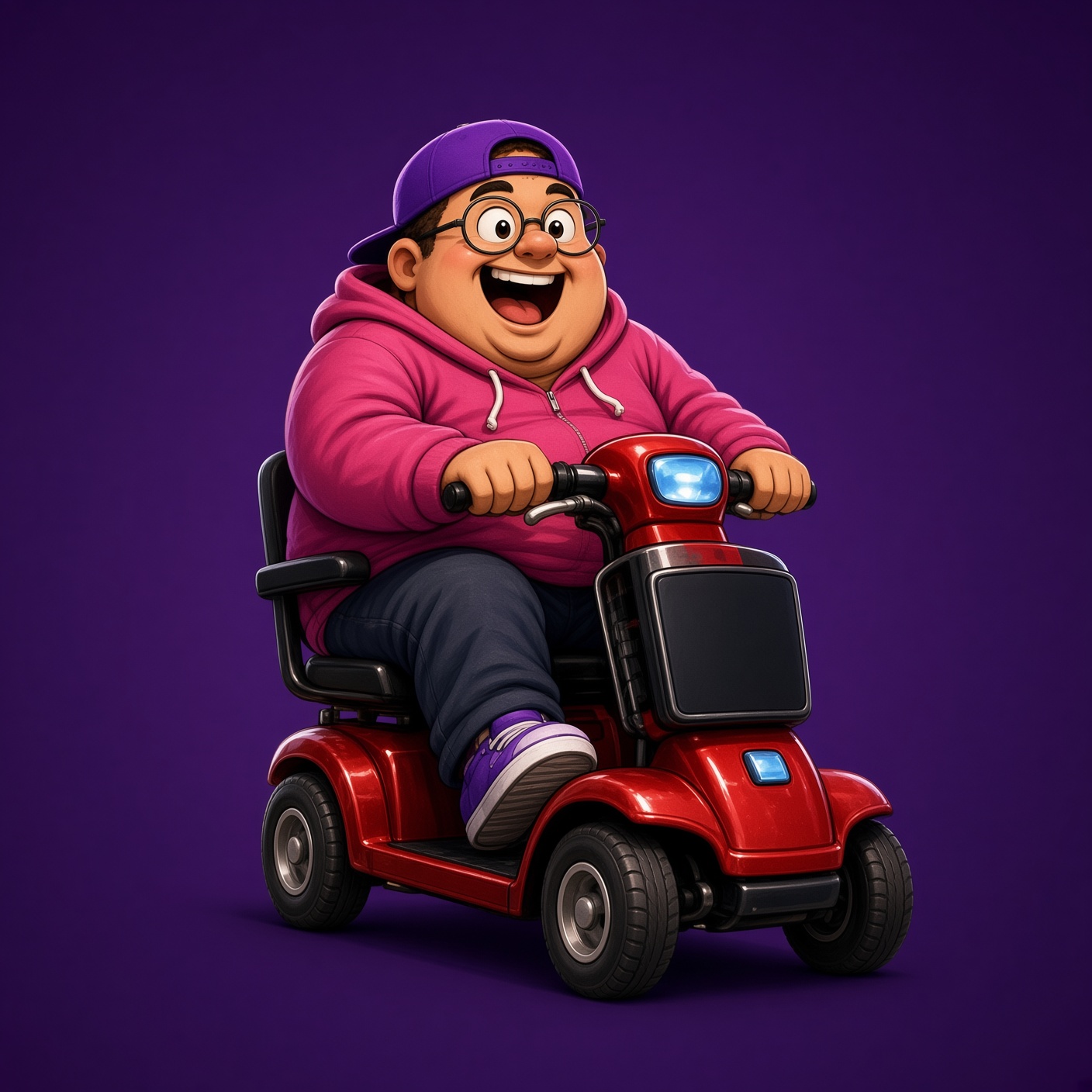 Chubby man in a pink hoodie riding a red mobility scooter
