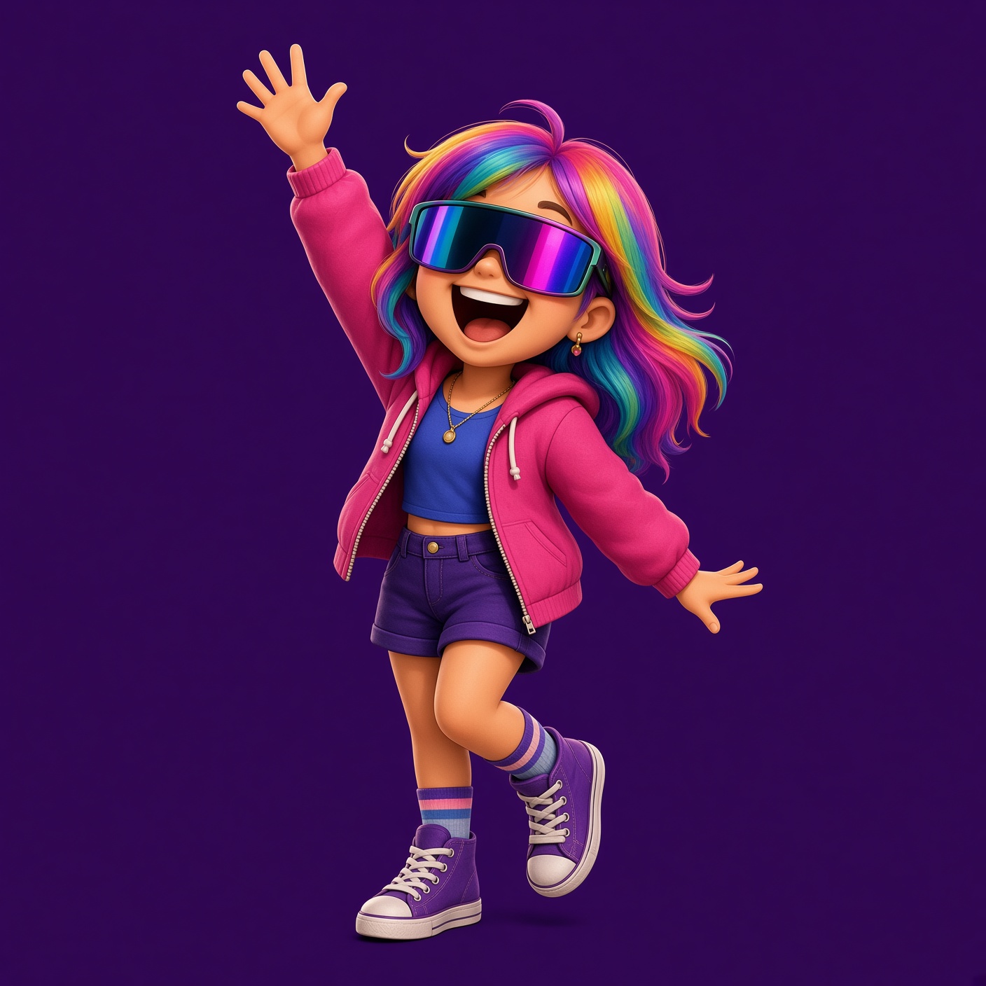 Rainbow-visor girl throwing a peace sign